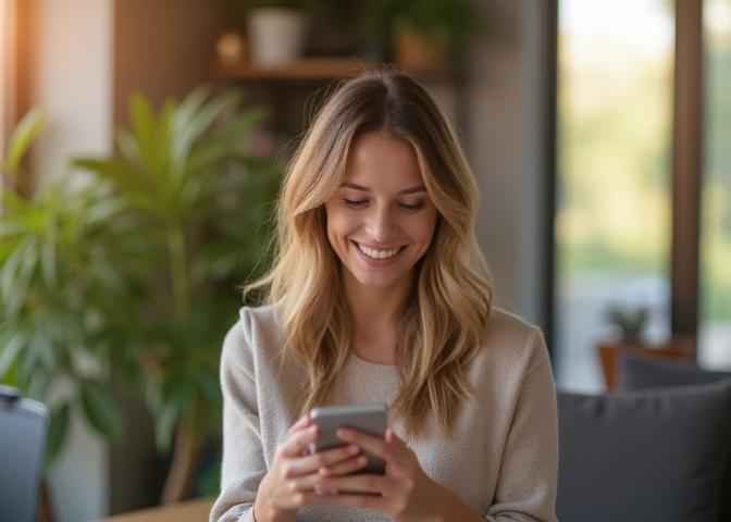 Persona feliz revisando sus ahorros en energía renovable